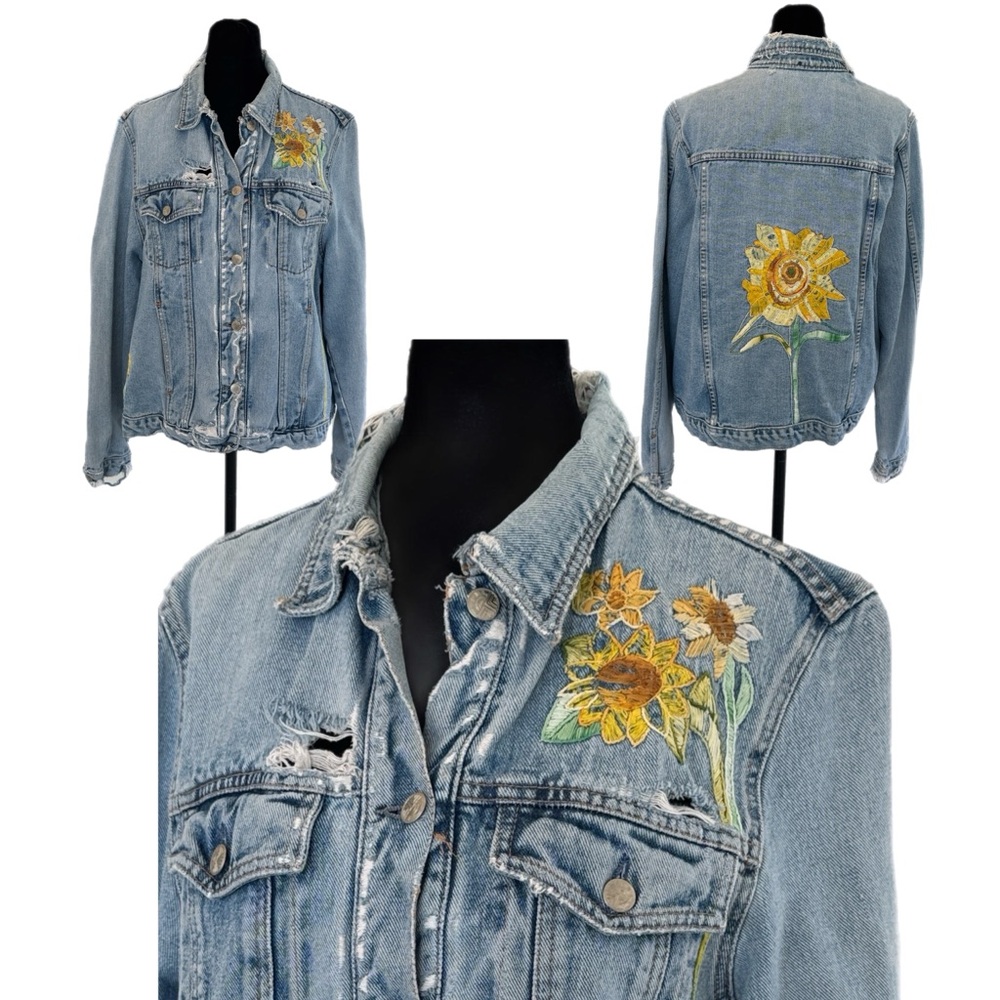 Vintage Boho Floral Embroidered Denim Jean Jacket Faded Distressed Size L (est.)